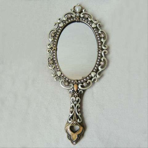 Vintage Brass Ivory Jeweled Metal Framed Hand Mirror With Heart