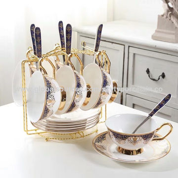Gold Plated Stainless Steel Set of 4 Cup and Saucer Design HIC Demi Spoon Set 