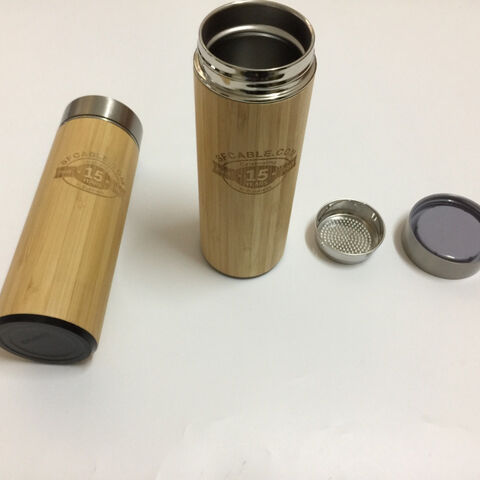 Garrafa térmica a vácuo de parede dupla em bambu e aço inoxidável