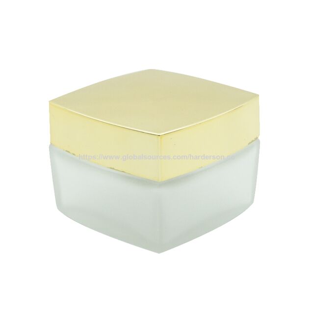 Frasco cuadrado de vidrio de 50 ml para cosméticos, frasco de crema esmerilado, envase cosmético portátil con tapa dorada for sale at factory direct price