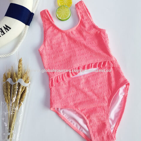 China Girl's Swimwear Crinkle Texture Jacquard Ruffle One Piece ...