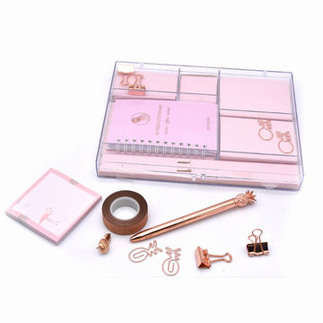 Cute Rose Gold Stationery Set Gift Box Sticky Note Ballpoint Pen Mini  Notebook Badge Paper Binder Clips Pink Office Supplies - AliExpress