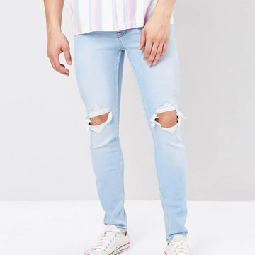 Hot Selling Distressed Jeans Pants Light Blue Washed Ripped Knee
