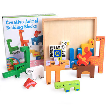 Educational Wooden Cartoon Animal Board 3D Building Block Puzzle Kid Toys LH 