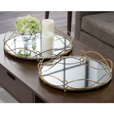 Plateau rond avec poignées en acrylique, plateau décoratif doré pour table  basse