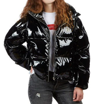 Compre Negro De Alto Brillo Vinilo Puffer Abrigo Mujer Fresco