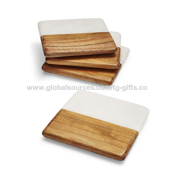 Set of 4 Marble & Wood Square Coasters | Handmade | Coffee Coasters |  Coaster Set | Bar Coasters | Living Room Coasters