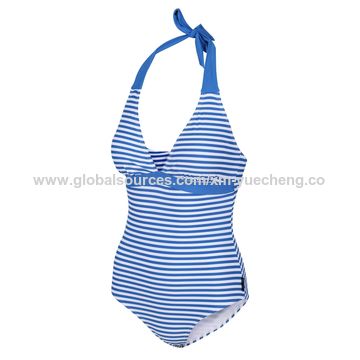 navy and white stripe swimming costume