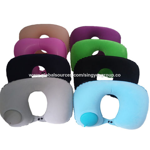 Oreiller gonflable automatique de type poussoir pour voyage, aviation, PVC floqué, oreiller gonflable en forme de U