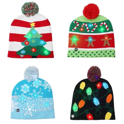 LED Light Up Christmas Hat Warm Bright Colorful Xmas Knitted Cap with Christmas tree cane snowflake for sale at factory direct price
