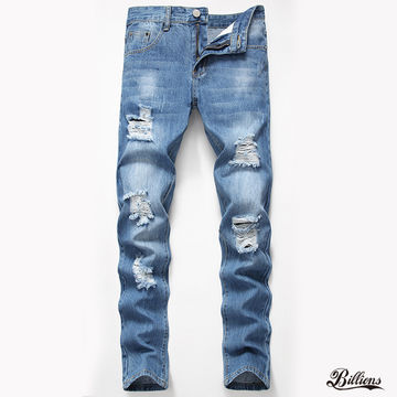 Custom Men's Fashion Pants Light Blue Damaged Jeans Men Denim Jean