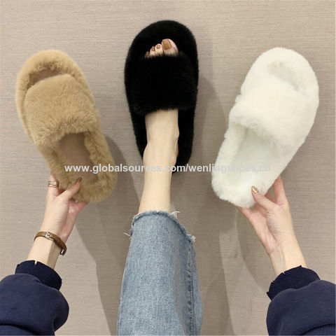 Zapatillas de felpa para mujer, zapatillas de piel de invierno de moda, zapatillas de casa para interiores y exteriores para promoción