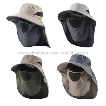 Mens Outdoor Sun Protection Detachable Neck Flap Cap Wide Brim