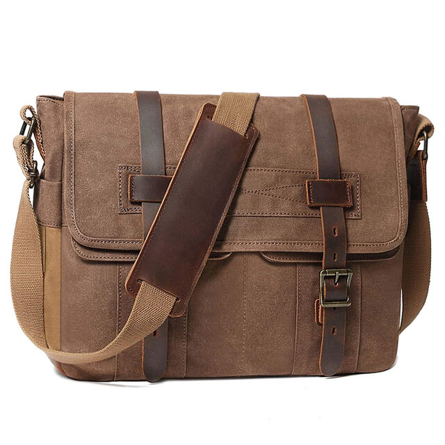 mens messenger bolsa 15.6 inch waterproof vintage genuine leather waxed canvas briefcase