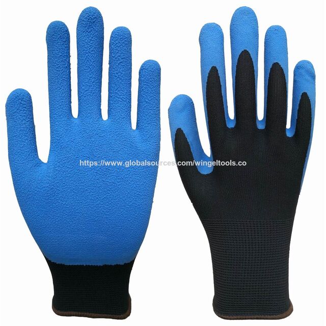 Beliebter Modell-Sicherheitshandschuh/Gartenhandschuh mit blau beschichteter Schaumlatex-Handfläche und strapazierfähigem schwarzem Polyesterfutter