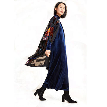 Cárdigan de seda negro largo estampado flor abierta frontal talla grande terciopelo burnout mujer kimono