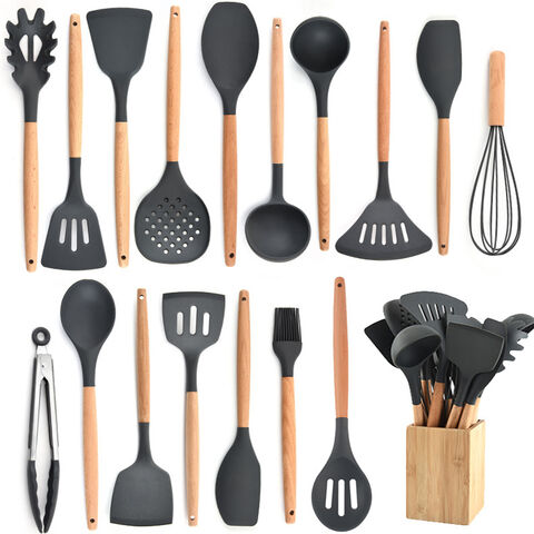 Ensemble d'ustensiles de cuisine en Silicone, spatule antiadhésive noire,  manche en bois, avec boîte de