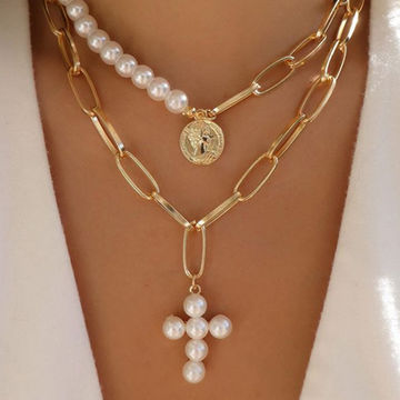 Big Brand Half Pearl Half Metal Double Chain Necklace Jesus