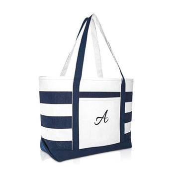 Beach Bags Striped Navy Blue Zippered Tote Bag,Canvas tote bag 