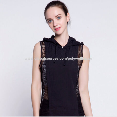 Débardeur de sport femme patchwork en maille, gilet d'entraînement respirant à capuche, chemise de yoga sans manches pour fitness