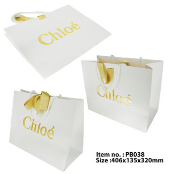 Gold Foil Stamped Gift Paper Bags for Shopping with Printed Ribbon