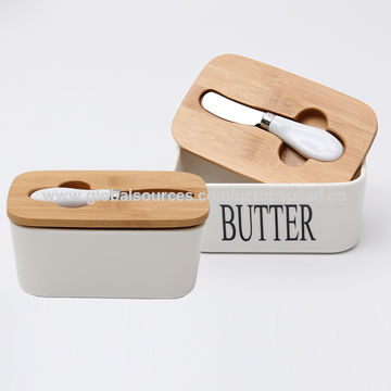 Multi-Function Butter Dish Butter Bell for 250 g Butter White Theo&Cleo Butter Dish with Wooden Lid Elegant & Sustainable Bamboo Lid White