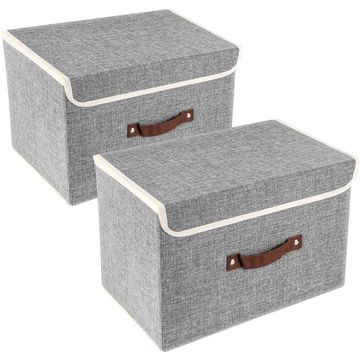 2Pack Cotton Linen Foldable Storage Bins Boxes Baskets Organizer w/Lids&Handles 
