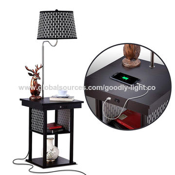 Led Light Wooden Table With Built In, White End Table With Built In Lamp And Usb Port Black