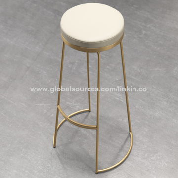 Gray Color Metal Frame Linen Fabric Pu, Round Seat Bar Stools