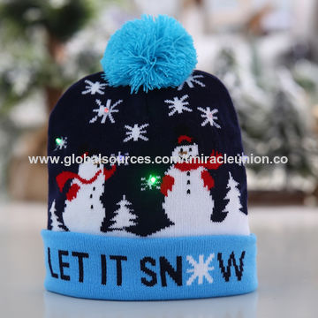 LED Christmas Beanie Knit Hat Light Up Tree Xmas Snowman Knitted Cap Adult Kids