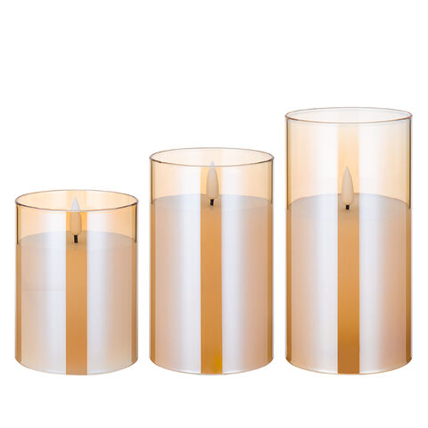 Velas LED Pilar con Llama Real 3D, D7.5 H10 H12.5 H15, en Vidrio Dorado, con Control Remoto y Temporizador de 4/8 Horas - El Mejor Vendedor de Matti for sale at factory direct price