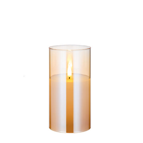 3D Echtflammen-LED-Kerze D7.5 H15, Goldglas-Säule, Fernbedienung, Timer 4/8 Stunden, Flammenlose Kerze
