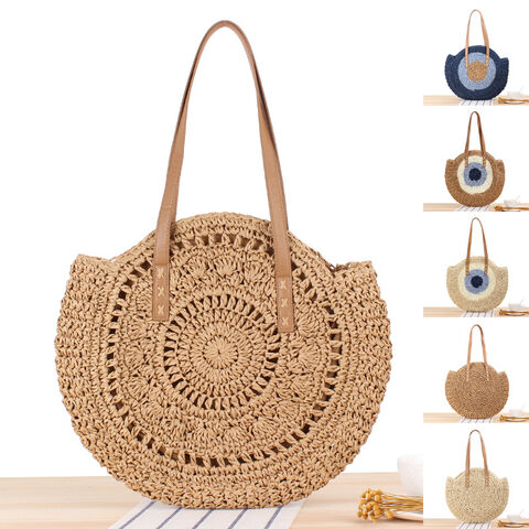 Bolso de playa de paja para mujer a la moda, asa larga de PU for sale at factory direct price