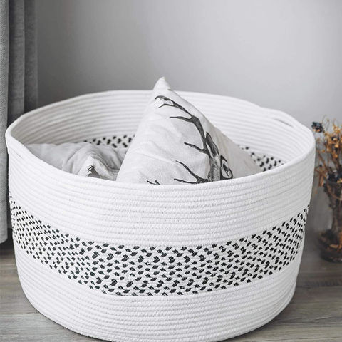 Homfa 89 Litre Large Laundry Basket Cotton Rope Basket Woven Toy Storage Basket Pet Basket Folding Container with Handles White/Grey 56x36cm 