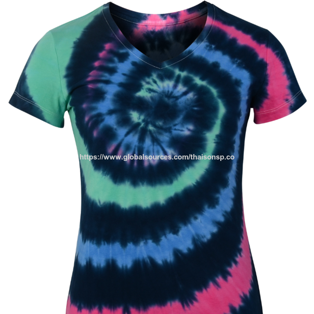 Damen T-Shirt mit V-Ausschnitt, kurzen Ärmeln und Batikmuster [LTD8]