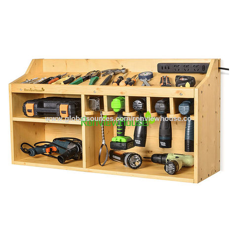 Organizador compacto de herramientas eléctricas, caja de herramientas de  madera totalmente ensamblada y 10 estaciones de carga de taladros, estantes