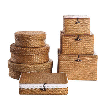 Large Square Storage Basket Handmade Woven Seagrass Straw Box Rattan With Lids