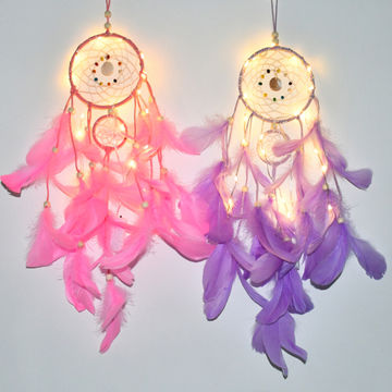 Dream Catchers Handmade Natural Feather Hanging Home Wall Decoration Décor Ornament Craft Native American Style LED Dream Catcher LED Fairy Lights Dream Catcher