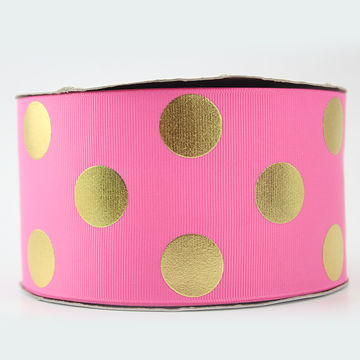 5 yards Pink w/ metallic gold polka dot print 7/8" grosgrain ribbon by the yard 