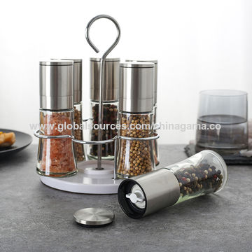 Salt &Pepper Shaker Pot & Spice Herb Stainless Steel Set Glass Hand Mill Grinder 