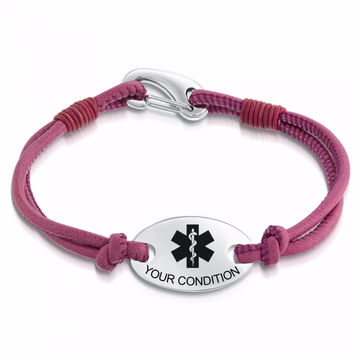 Ladies Pink Medical Alert Bracelet, Personalised, Leather & Stainless Steel for sale at factory direct price