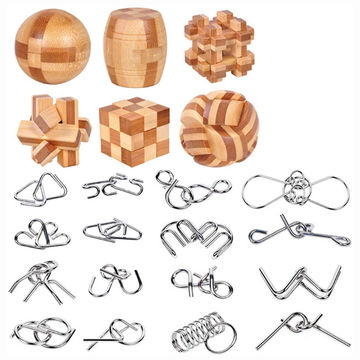 Brain Teasers Wooden And Metal Wire Puzzles 22pcs Unlock Interlock