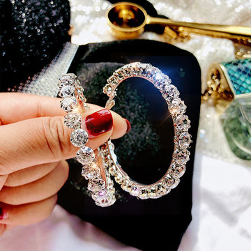 Large Bling Hoop CZ Crystal Bridal Round Rhinestone Huggie Earrings Jewelry Gift 