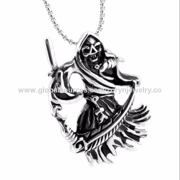 Stainless Steel Death Reaper's Scythe Skull Pendant Necklace Men's Jewelry 