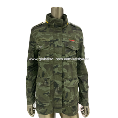 Chaqueta verde militar para mujer, abrigo informal de algodón bordado,  manga larga con cremallera, Tops para