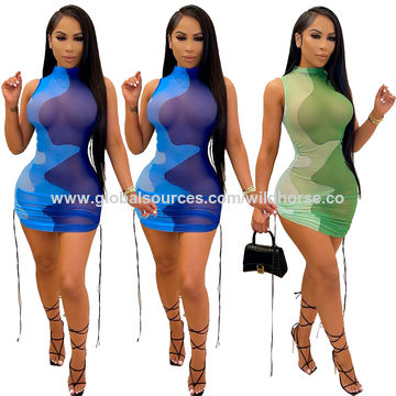 2021 Summer Dress Women Contrast Color See Through Mesh Sleeveless