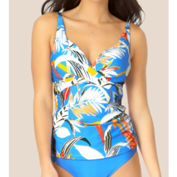 Traje de baño tankini de 2 piezas para mujer con estampado de verano, top con aros y detalle retorcido frontal