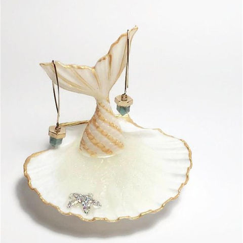 Golden Mermaid Ceramic Ring Accessory Jewelry Holder Vanity Display Figurine 