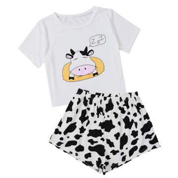 Pajamas Women Cartoon Cow Animal Pajama Set Long Sleeve Sleepwear Soft Pjs  Lounge Sets