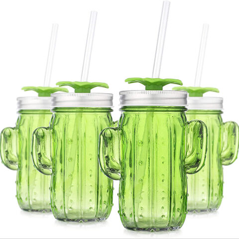 Cactus Glass Dispenser and 4 Matching Cups with Lid and Straw 